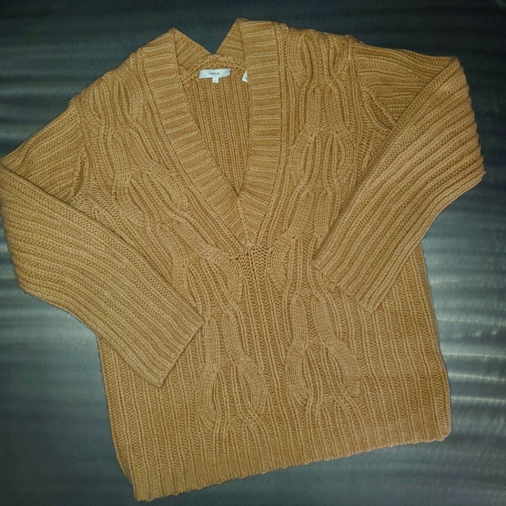 Vince V-neck Wool Cashmere Cable Knit Brown Oversized Ribbed Fisherman Small